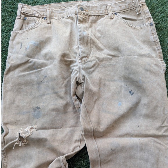 Distressed Dickies Mens Workwear Pants 40x30 Relaxed Fit Baggy Tan Heavy Canvas - Picture 3 of 6